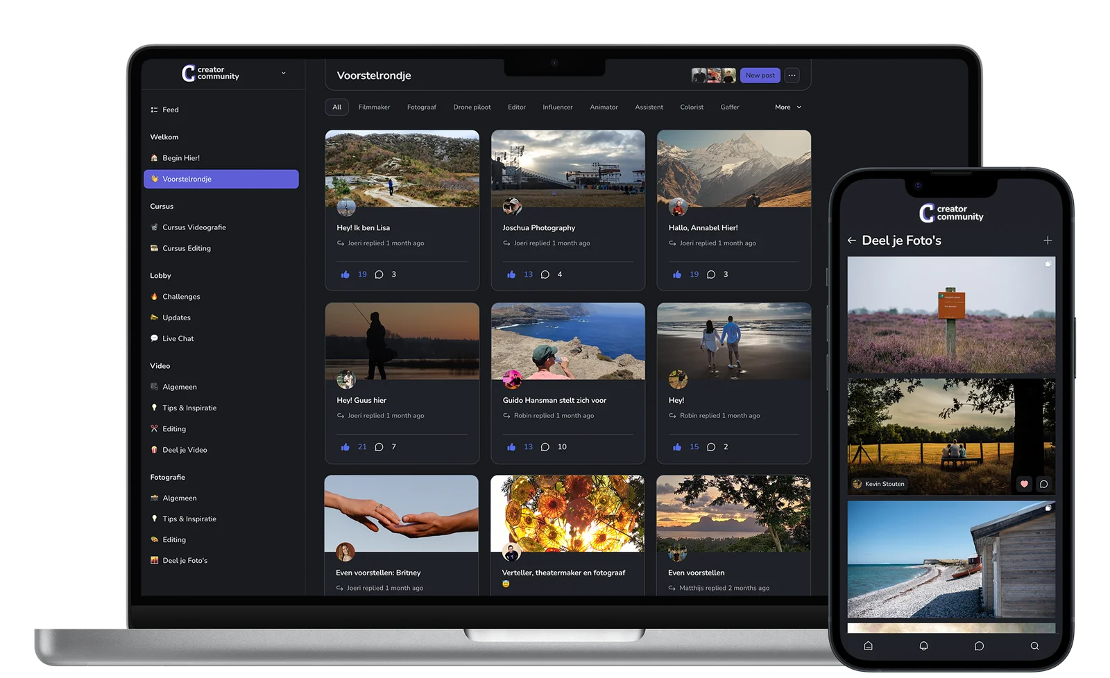 Creator Community Nederland op laptop en telefoon: kennismaken met andere creators en foto's delen