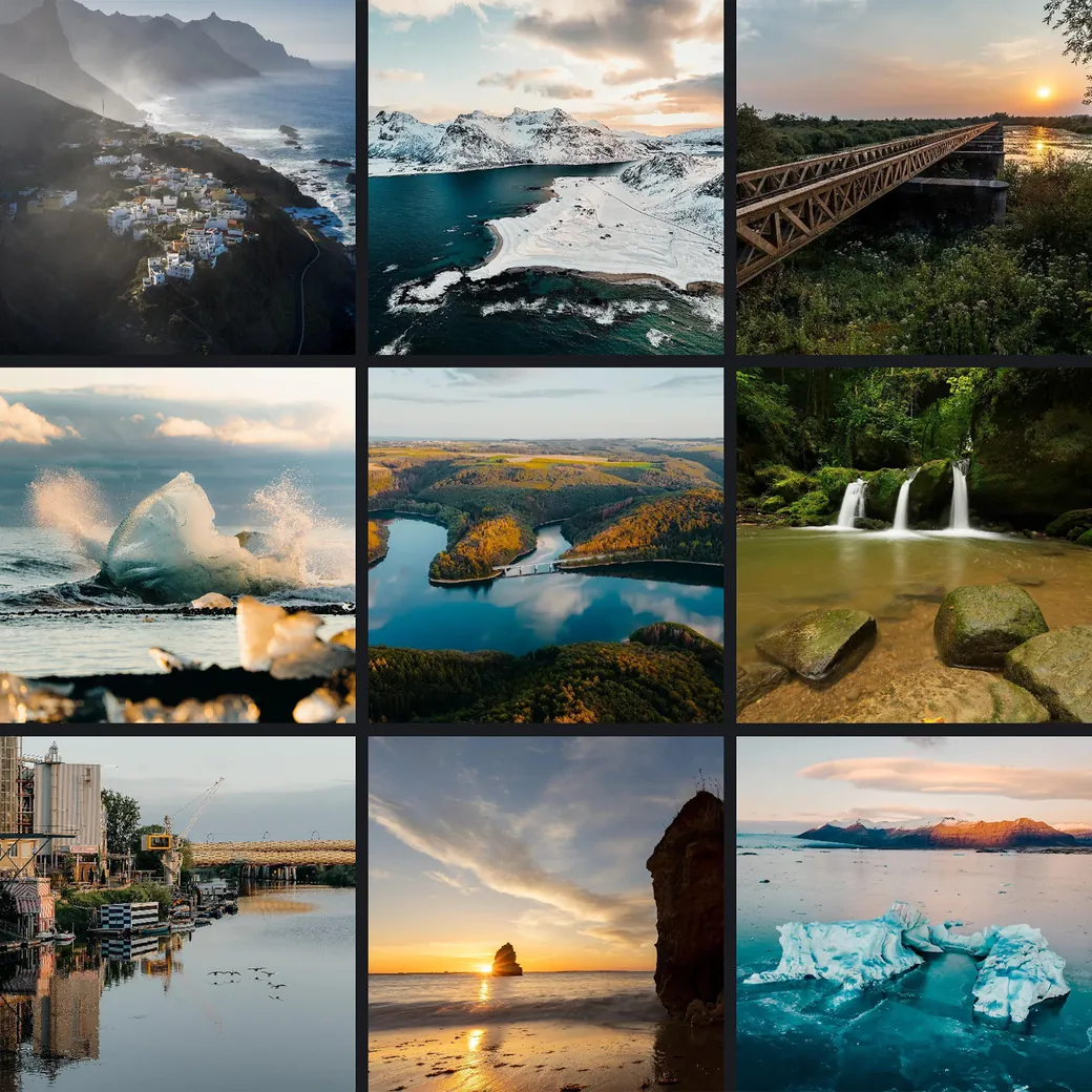 Collage met negen shootlocaties uit de Creator Community: een klifdorp aan de kust, besneeuwde fjorden, een vakwerkbrug bij zonsondergang, gletsjerijs in de branding, een kronkelrivier tussen beboste heuvels, een trapsgewijze waterval, een haven met kraan, een strand met zeestack bij zonsondergang en een drijvend ijsblok in een gletsjermeer