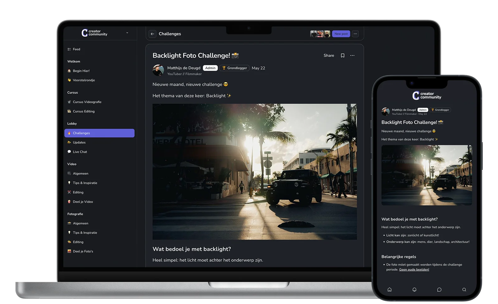 Maandelijkse fotochallenge van Creator Community Nederland met het thema tegenlicht, op laptop en telefoon